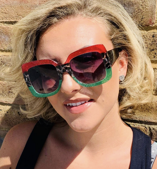 Green and red chunky square frame sunglasses